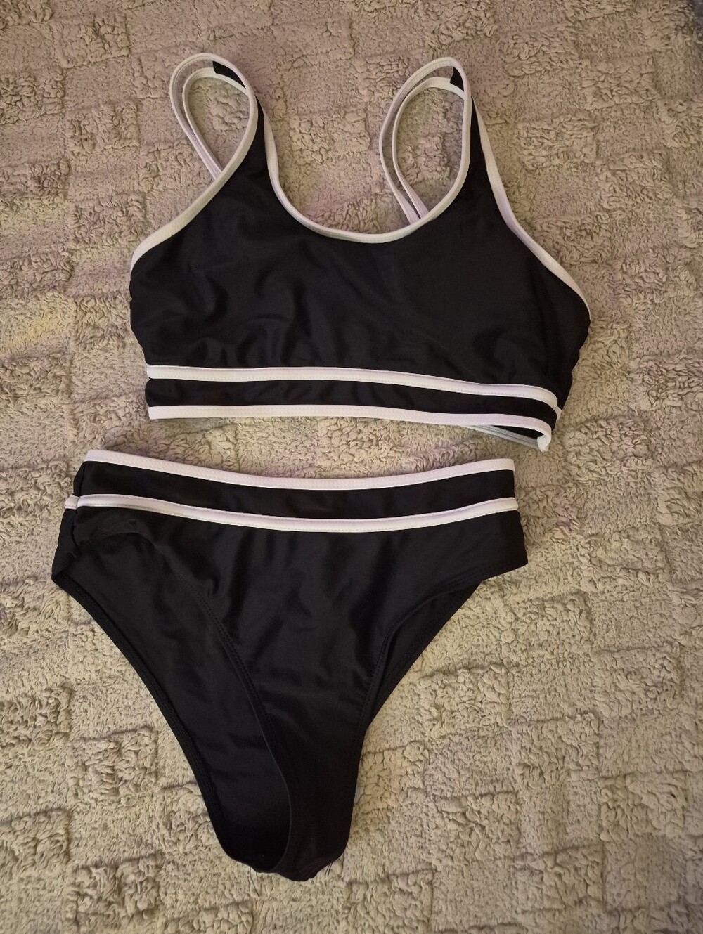 SHEIN Black Bikini with White Trim Two-Piece Swim Set